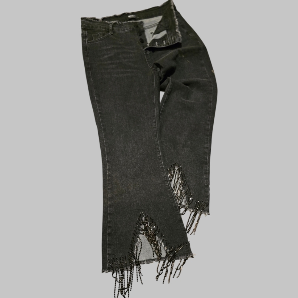 Blue B Collection Women's Black Beaded Fringe High-Waist Flared Jeans Size L - Picture 6 of 12